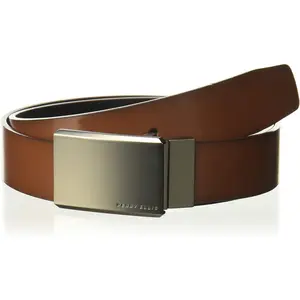 Perry Ellis Men's Reversible Bonded Leather Plaque Buckle ress Belt