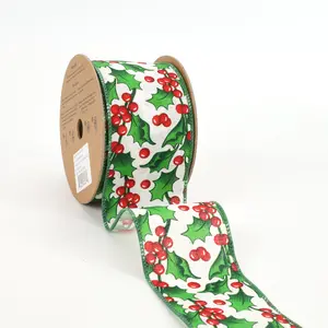 2 1/2" Wired Ribbon | "Holly Berry" White/Green Multi | 10 Yard Roll wreath making Christms tree decor