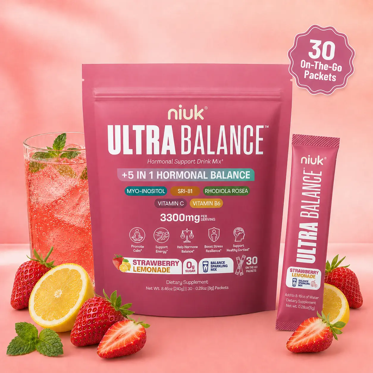 Niuk Ultrabalance Hormonal Support Drink Mix, 30 Travel Packets, SRI-81 Shatavari, Myo-Inositol, Rhodiola Rosea, Vitamin C, Magnesium, Theobromine, Vitamin B6/C