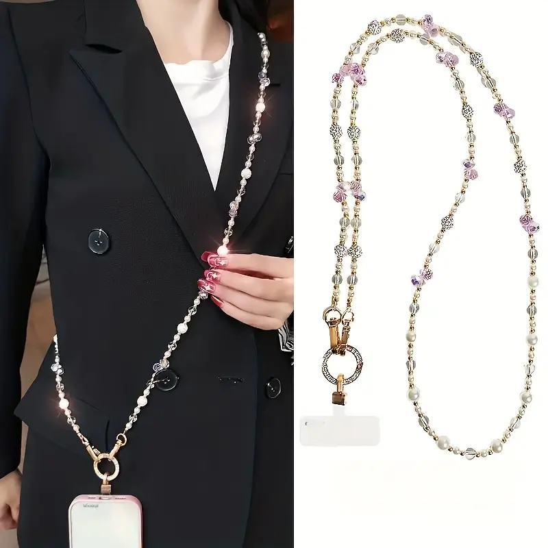 [Phone Strap With Beads] Elegant Long Phone Strap With Sparkling Beads - Durable Polypropylene, Adjustable Length, Perfect For Women, Ideal For Phone Protection, Phone Accessories