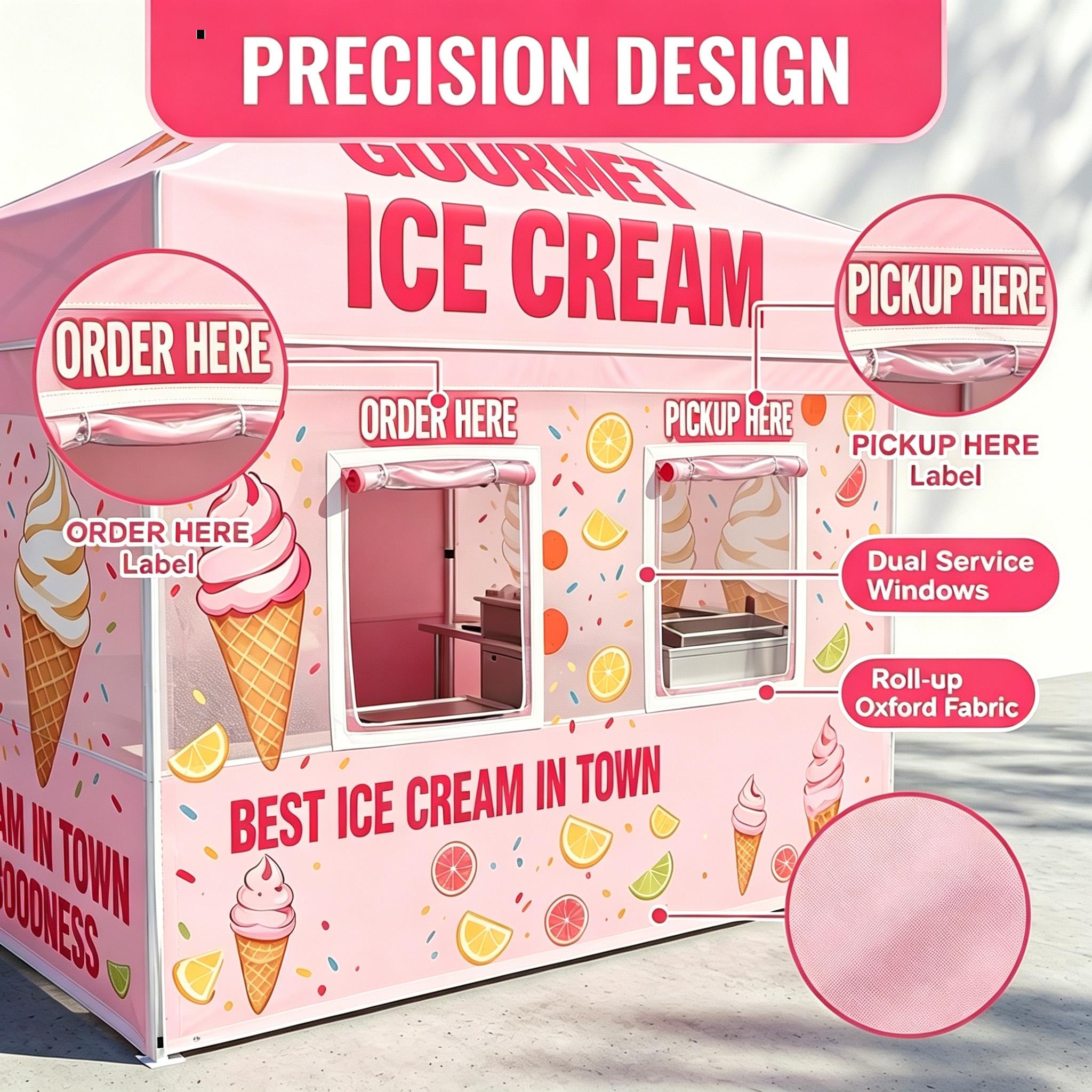 Pink Ice Cream Tent Waterproof Heavy Duty Outood Canopy Foldable Aluminium Frame Refreshment Stand Advertising Commercial Tent Food Booth Stand InStock Tent with Full Back Wall for Street Fairs