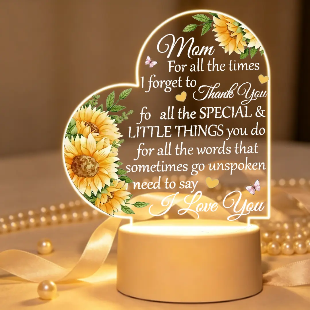 Heart-Shaped Acrylic Sunflower LED Night Light, 12cm Warm USB Desk Lamp with 9.5cm ABS Base, Romantic Bedroom Decoration, Elegant Gift for Women