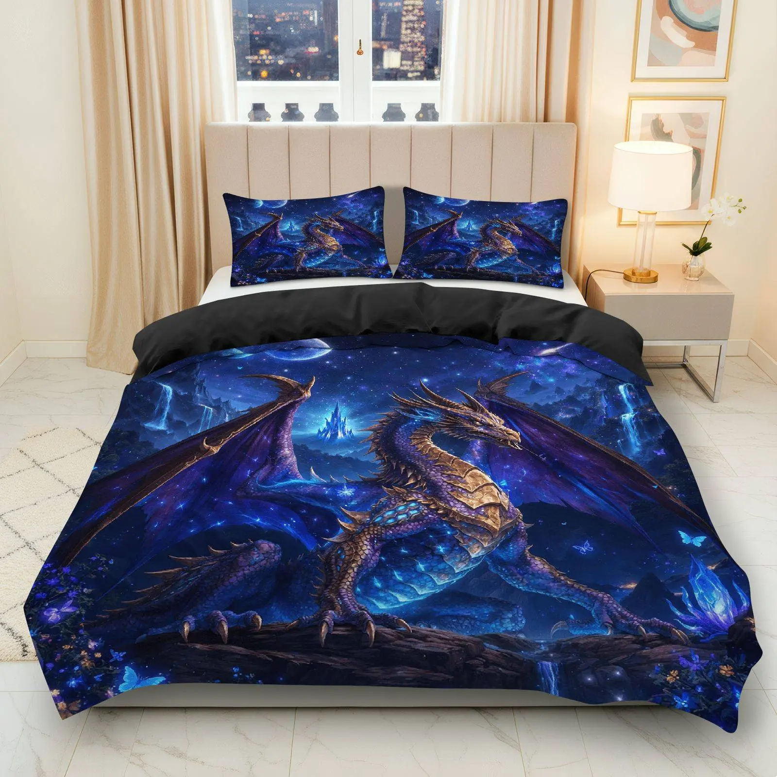 3PCS Duvet Cover Set, 1 Duvet+2 Pillowcases(Without filler), Dragon Fantasy Night Sky Mystic Magical theme, Christmas bedding set, Fantasy Bedding Suitable for decoration Bedroom Dorm Room Living Room Guest Room.