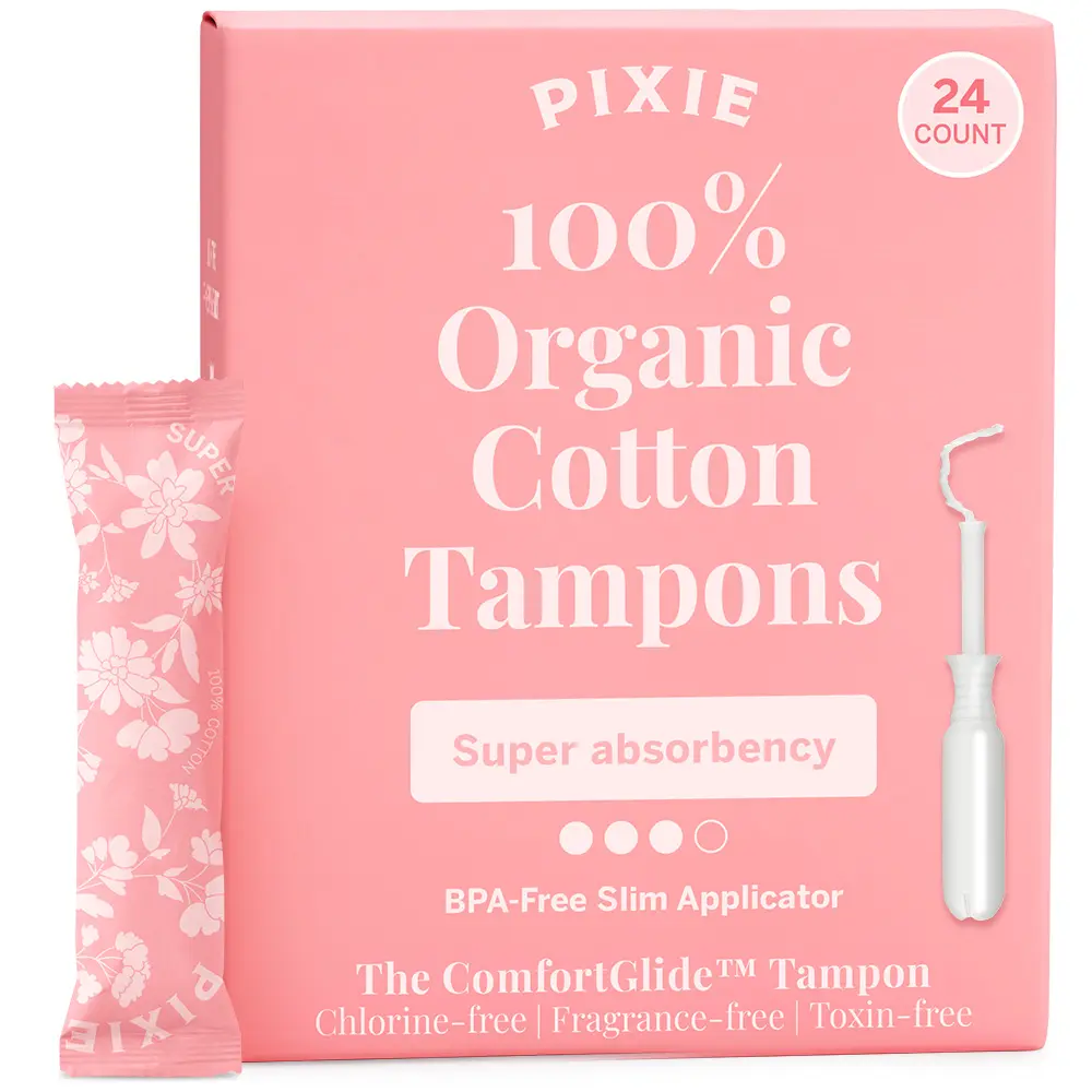 Pixie Organic Cotton Tampons – Super Absorbency – BPA-Free Long Applicator – Unscented, Chlorine-Free Feminine Care – 24 Count