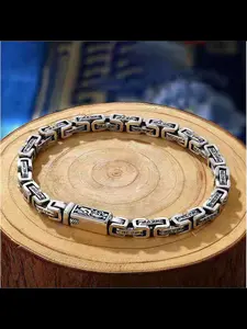 New Han Style Dragon Pattern Six-Character Mantra Silver Color Bracelet for Men, Trendy Vintage Hip-Hop Personalized Mens Jewelry, Trendy Jewellery Accessories, Trendy Stack Bangle