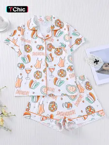 This 2-piece spring-themed floral floral pajama set features a short-sleeved, collared, button-down soft top and loose-fitting stretch shorts. It's a beautiful, stylish everyday outfit, perfect for holidays, parties, or casual outdoor wear. Comfortable an