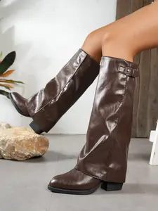 Women's Vintage Buckle Long Boots, Chunky Heel Pleated Cuff, Soft PU Leather, Fall Winter Fashion, Plus Size Export Shoes, Boots Heels