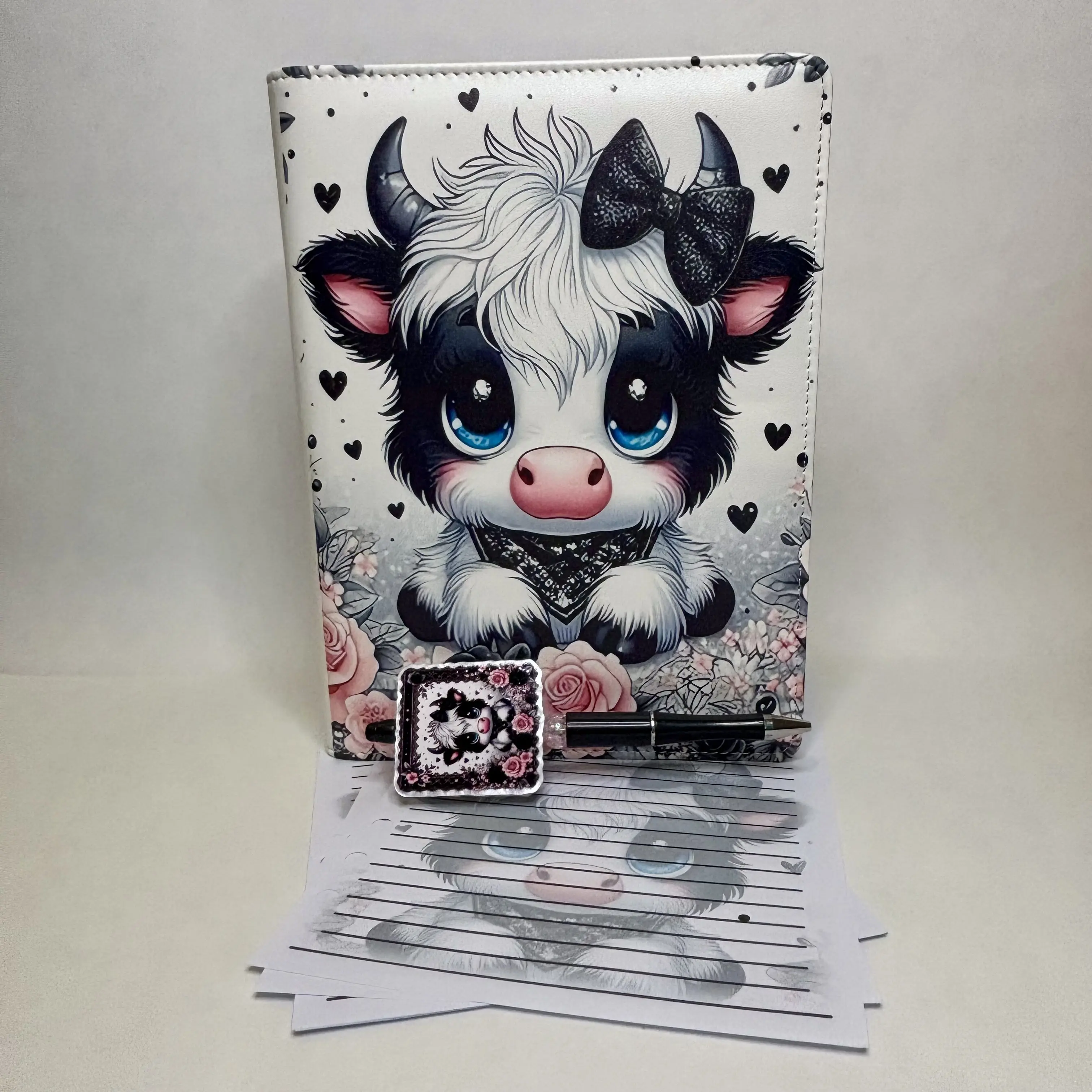 Black & White Baby Cow Binder Bundle — A5 Binder, Matching Paper + Beaded Pen