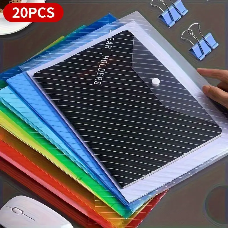 20pcs Clear A4 File Bags with Button Closure - Durable PVC Document Organizer for Office and School Use Colorful Transparent File Jackets Portable Storage Solution for Papers Bills Receipts and Documents