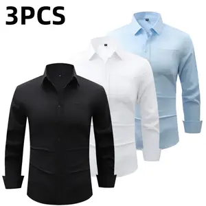 Menswear Long Sleeve Plain Top, Men’s Solid-Color Business Shirt with Notched Lapel, Classic Pointed Collar, Front Placket Refined Button Detailing, Left Chest Patch Pocket for Practical Storage, Multi-Season Fit summervibes,