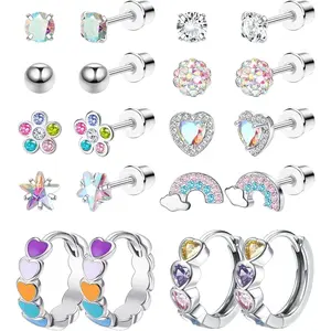 Hypoallergenic Screw Back Earrings for Girls Women Surgical Steel Earrings Cute Girls Earrings Set For Sensitive Ears10 Paris Colorful CZ Flower Butterfly Stud Hoop Earrings