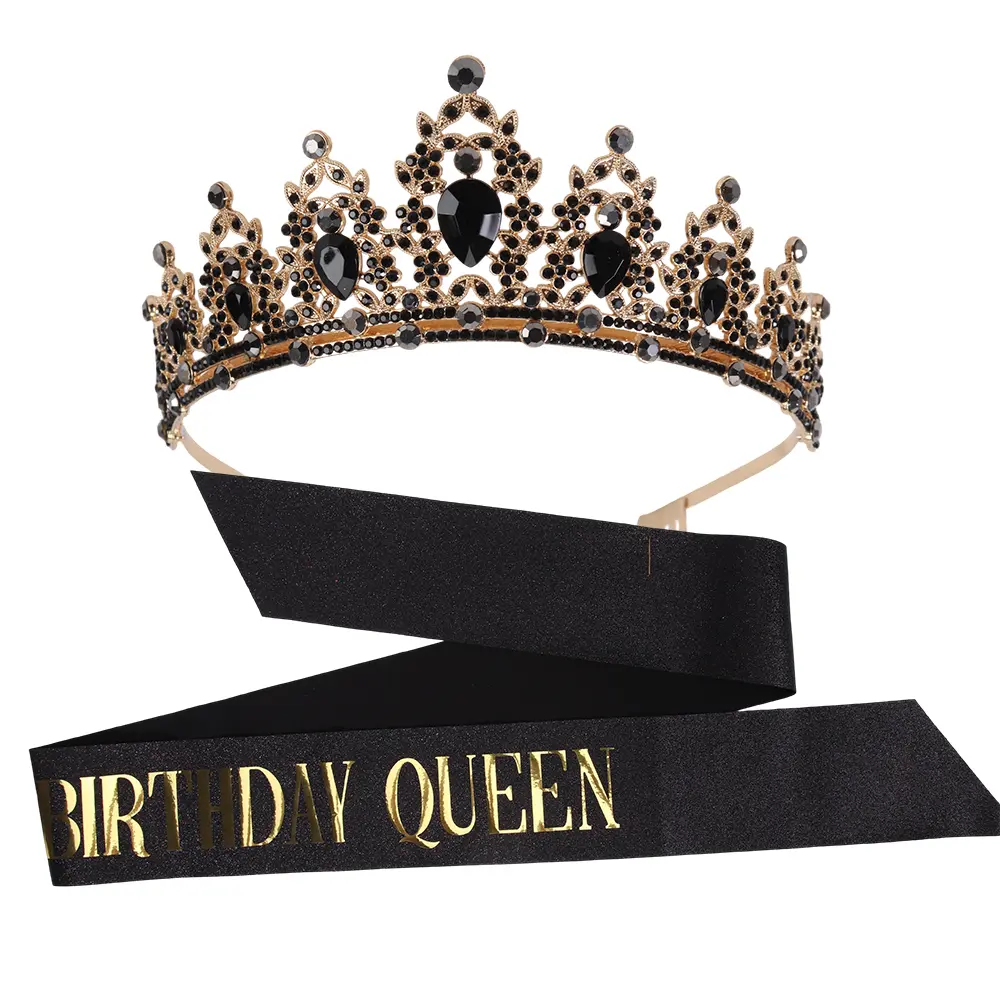 Birthday Queen Sash & Rhinestone Tiara Set Birth Crown Headband Birth Sash for Prom Party Decoration Cake Topper Accessory