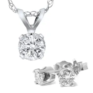 1 5/8 Carat Diamond Solitaire Necklace & Studs Earrings Set 14K White Gold
