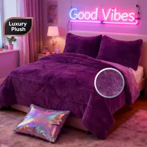 3pc Solid Color Shaggy Comforter Set Luxury PV Faux Fur & Soft Velvet Back Ultra Plush Warm Winter Quilt Thick Minky Fleece Cozy Bedding Reversible Blanket Modern Marble Aesthetic Room Decor Christmas Present Queen King California Size Local Warehouse