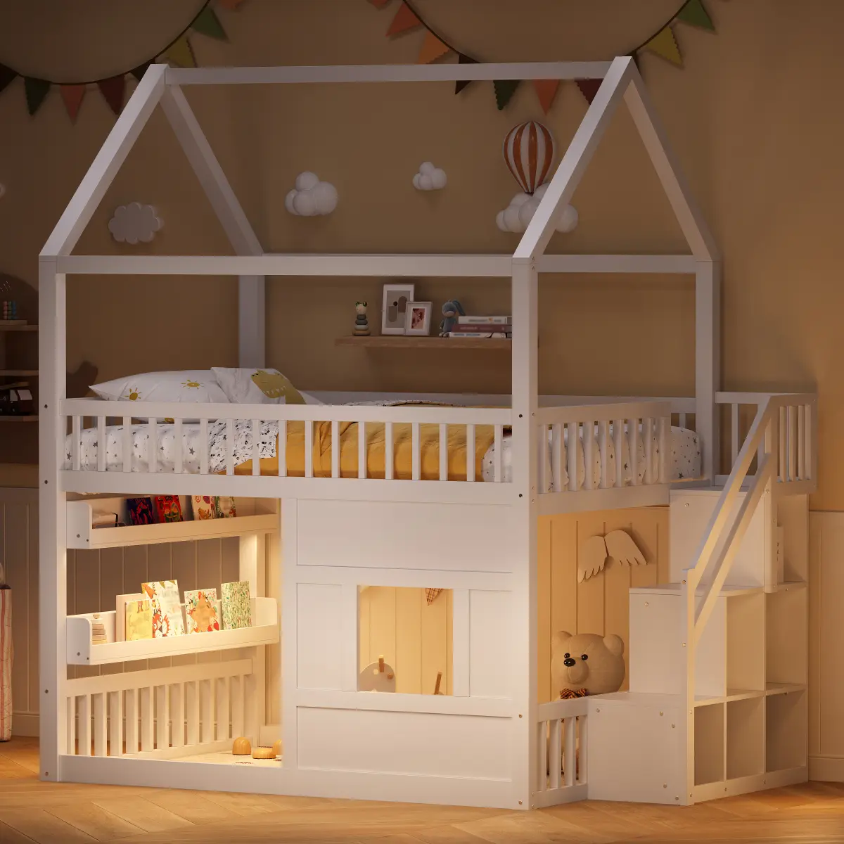 [Bellemave]Full size Wooden House Bed with Built-in LED Shelf Light, white    RR