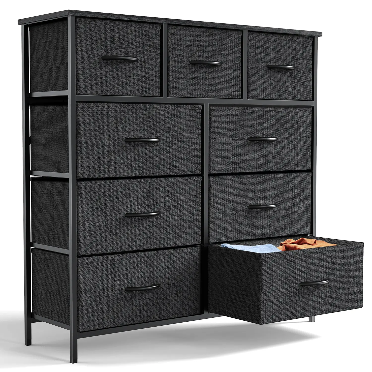Furnichic Haven Dresser, Bedroom Dresser, 9 Drawer Dresser, Metal Frame and Wood Top with Fabric Storage Drawer Unit.