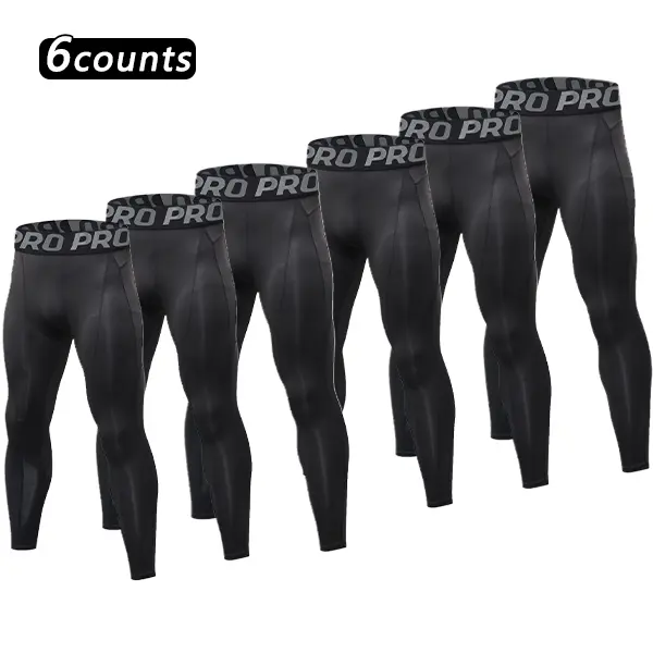 Men's 6pcs Athletic Stretchable Letter Print Tight-fitting Sports Stretchy Athletic Compression Leggings, Quick Drying Breathable Comfortable Skinny Pants, Men's Sportswear Clothing For Indoor Outdoor Wear, Breathable Activewear Bottoms, Fitness Clothes