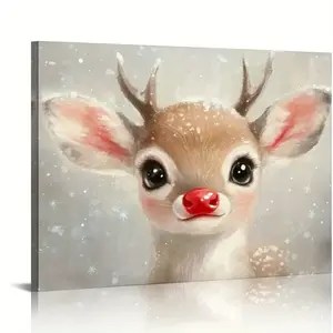 Reindeer Canvas Art Festive Red-Nosed Rudolph in Snow Scene for Youngsters' Room & Living Spaces Christmas Holiday Decor Enthusiasts Print 30x40 40x50 50x60 60x80 inch Home Office Decor Poster Ornaments