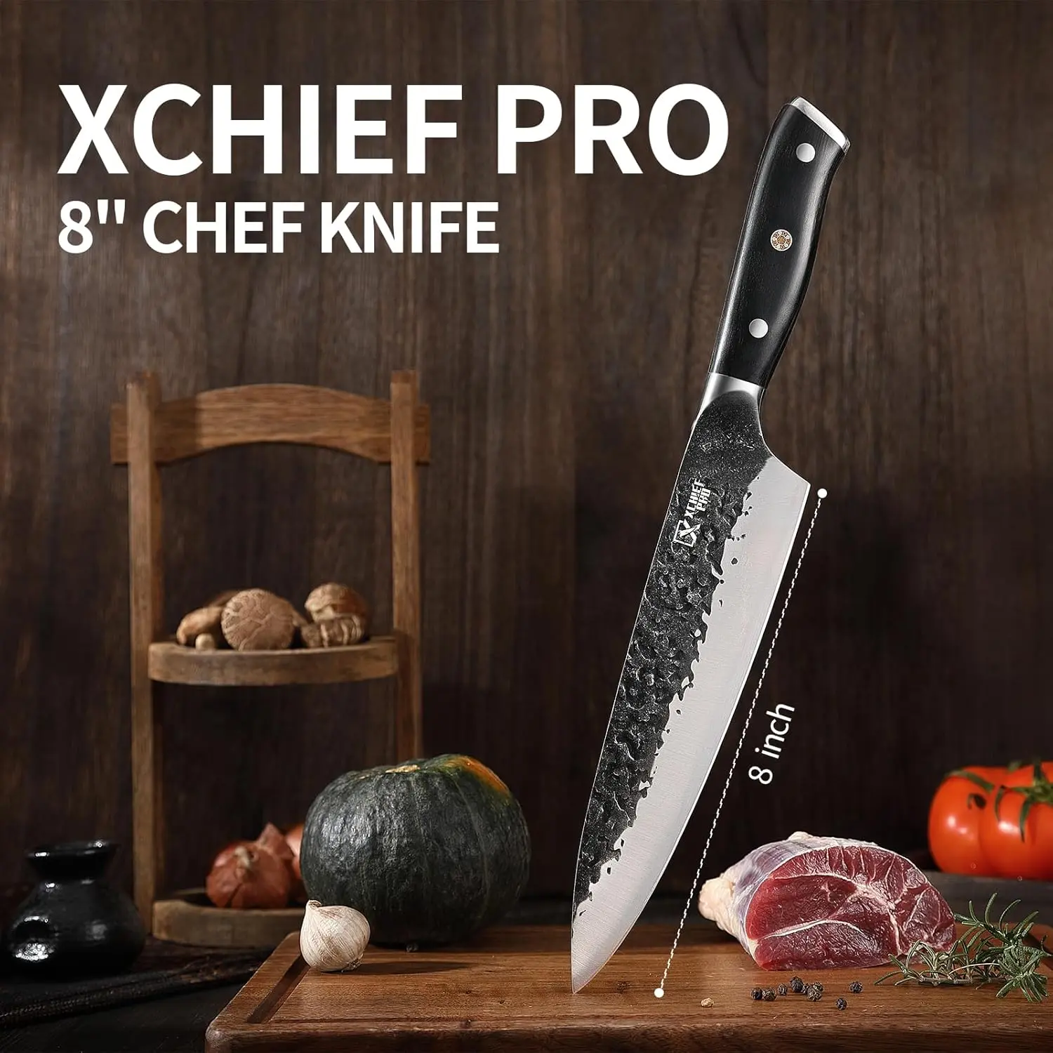 8" Chef Knife - Butcher Knife for Meat, Japanese High Carbon Meat Cleaver Knife, Hand Forged Meat Cutting Knife, Ultra Sharp Kitchen Knife for Home, Camping BBQ Cooking Knife