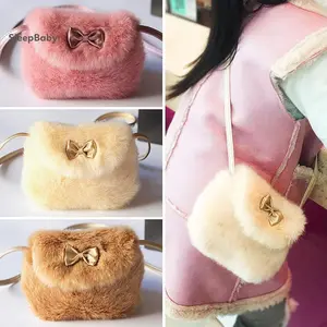 Toddler Baby Girls Plush Shoulder Bag Bowknot Decoration Snap Button Closure Fashionable Cute Messenger Bag
