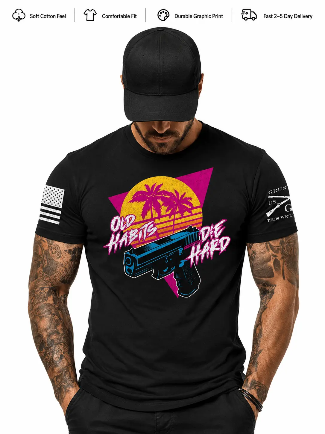 Old Habits Die Hard T-Shirt, Retro Neon Palm Graphic Tee, Black Edgy Streetwear Shirt for Bold Casual Outfits & Gift Ideas | Menswear & Underwear - Men's Tops - T-shirts - Men's Short-sleeve T-shirts