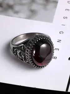 Stainless Steel Gemstone Ring, Classical Flower Inlay, Vintage Patina Design, Unisex Jewelry, Non-Fading, European Style