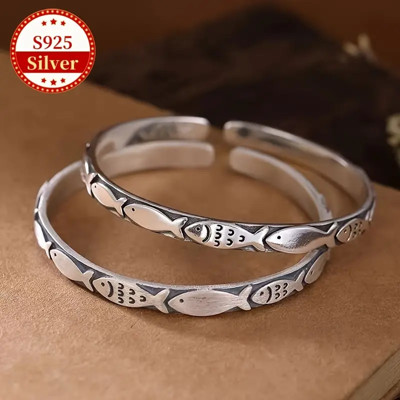 Women's S925 Sterling Silver Adjustable Cuff Bracelet - Elegant Vintage Fish Design, Female Adults' Jewelry for Daily Wear, Banquet Wear, St. Patrick's Day, All Fit