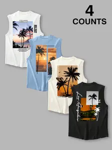Men's 4-Pack Sleeveless Tank Tops - Palm Tree + Sunset + City of Angels Theme Graphic Designs, Retro Los Angeles Vacation Aesthetic Apparel, Casual Beach/Daily/Vacation Wear, Beachwear, Relaxed Fit, Stylish Tank Tops for LA Vibe Fans