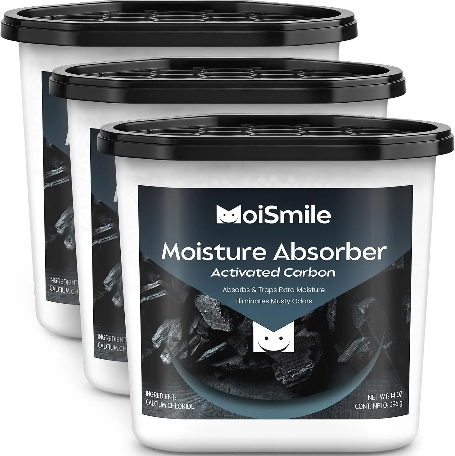 Large Moisture Absorber Buckets, 14 oz Each, Activated Carbon, 3 Pack | 14 oz Net Fill with 2 oz Activated Charcoal; Visible Water Collection; Up to 90 Days; Helps Trap Musty Odors