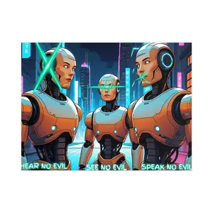 No Evil Protocol - Futuristic Matte Wall Art Posters - 'Hear No Evil, See No Evil, Speak No Evil' Decor, Cyberpunk Room Aesthetic, Robot Art
