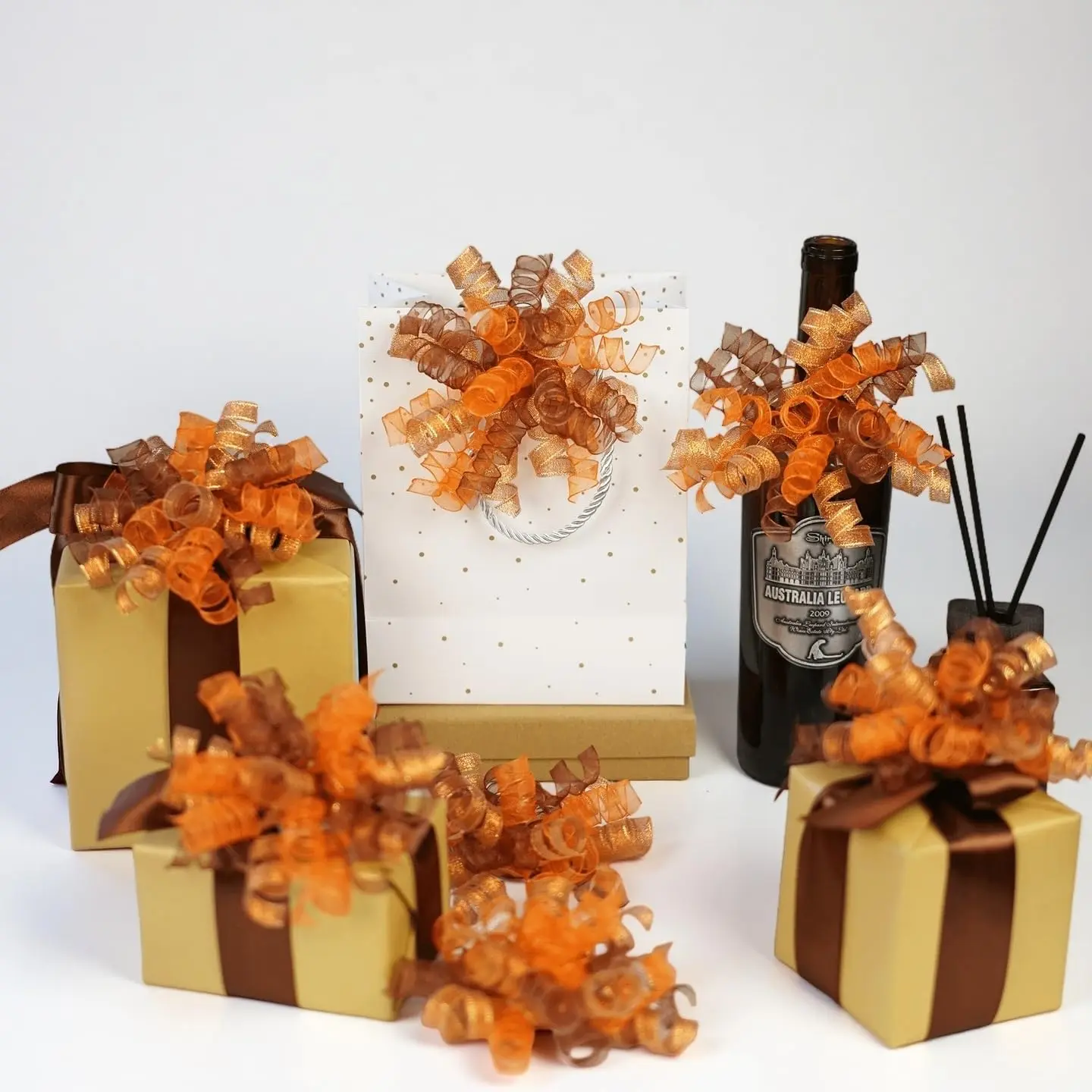 Pumpkin Color Curly Ribbon Bows Burnt Orange Bows for  Wrapping, Self Adhesive Burst  Bow for Presents, Birthday, Halloween, Holiday Party Favors, Thanksgiving- 12 Counts