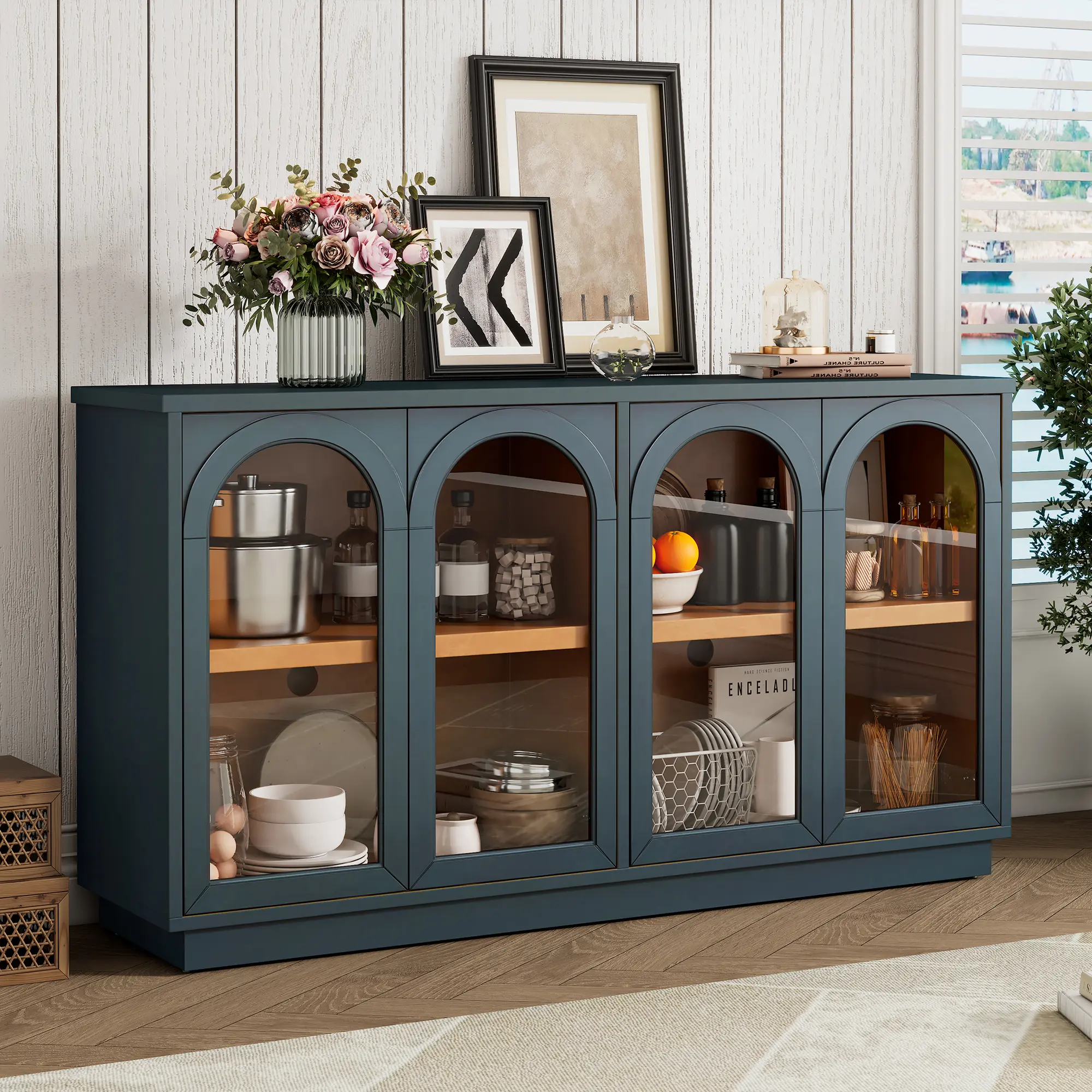 4-Door Arched Glass Buffet Storage Cabinet, Handleless Minimalist Sideboard with Adjustable Removable Shelves & Cable Hole, Credenza for Kitchen, Dining Room & Living Room，Navy