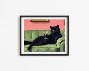 [UNFRAMED POSTER] Retro Black Cat Martini Wall Art Bar Cart Decor Cocktail Art Bar Decor Vintage Oil Painting Black Cat Print Eclectic Wall Art Cute Cat Art