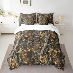 Camo Comforter Set,7 Pieces Farmhouse Bedding Set,Cabin Hunting Tree Camouflage Themed Bed Set with Comforter,Sheets,Pillowcases Cushion Covers