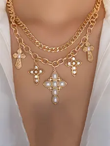 Cross Crystal Simulated Pearl Religious Pendant Fashion Statement Jewelry for Women Men Necklace Boho Chic Vintage Style Rhinestone Cross Pendant