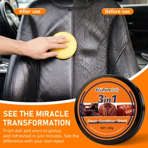 EcoPure Lab 3-in-1 Leather Restoration Cream - All-in-One Cleaner, Conditioner & Protector - No-Wash DIY Car Detailing & Furniture Care - Built-in Sponge for Shoes, Bags & Vinyl - Gentle, Non-Toxic & Eco-Friendly