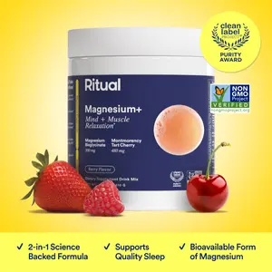 Ritual Magnesium+ Drink Mix Supplement with Tart Cherry - 30 Servings, 300mg Magnesium Bisglycinate & 480mg Montmorency Tart Cherry, Sugar-Free Berry Flavor