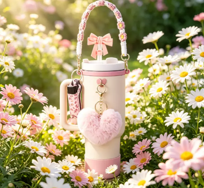 Stylish Cow Print Tumbler Accessories Set for 30oz-40oz Tumblers - Silicone Boot, Straw Topper, Handle Strap, Daisy Charm
