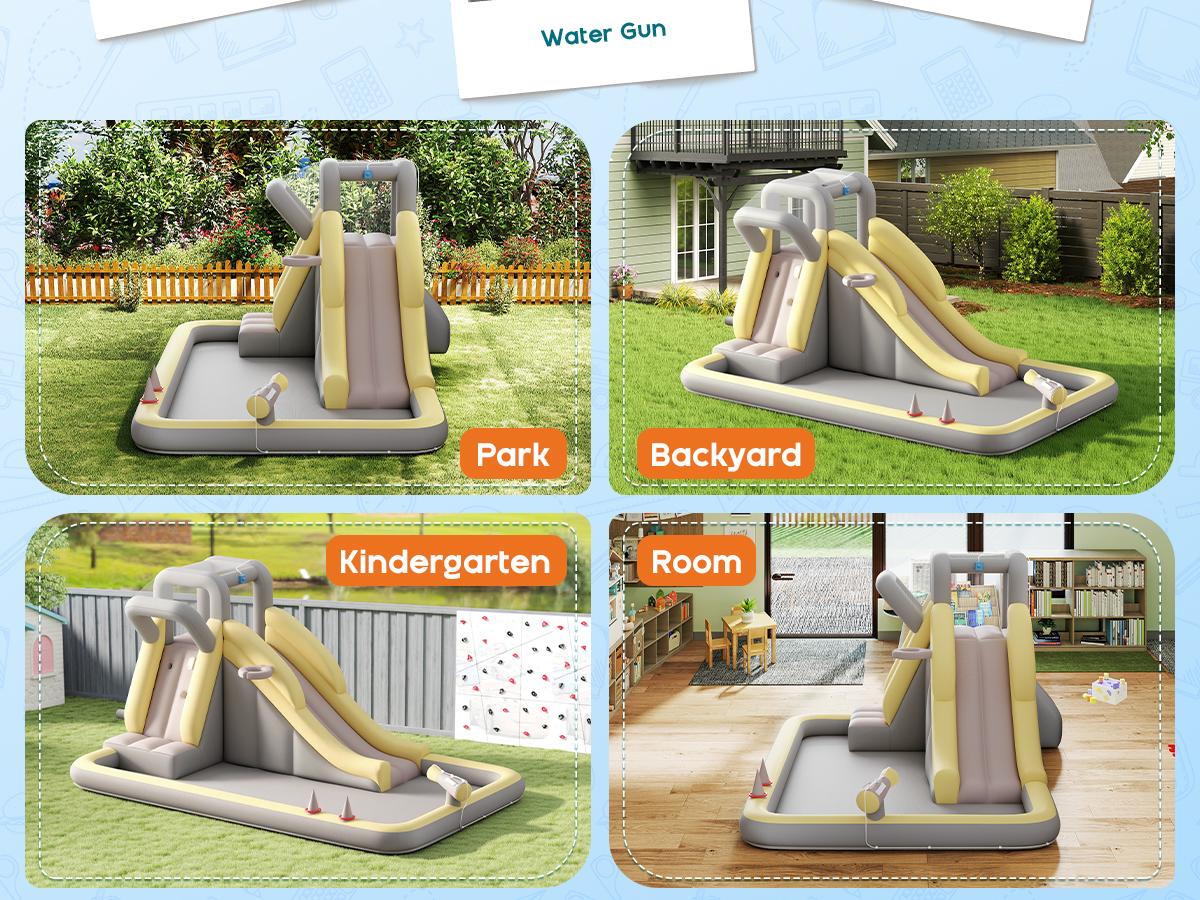 ALBOTT Inflatable Bounce House, Water Slide with Jumping Area, Climbing Wall, Splash Pool and Water Gun, Indoor Outdoor Jumper for Kids 3-12, Air Blower Included
