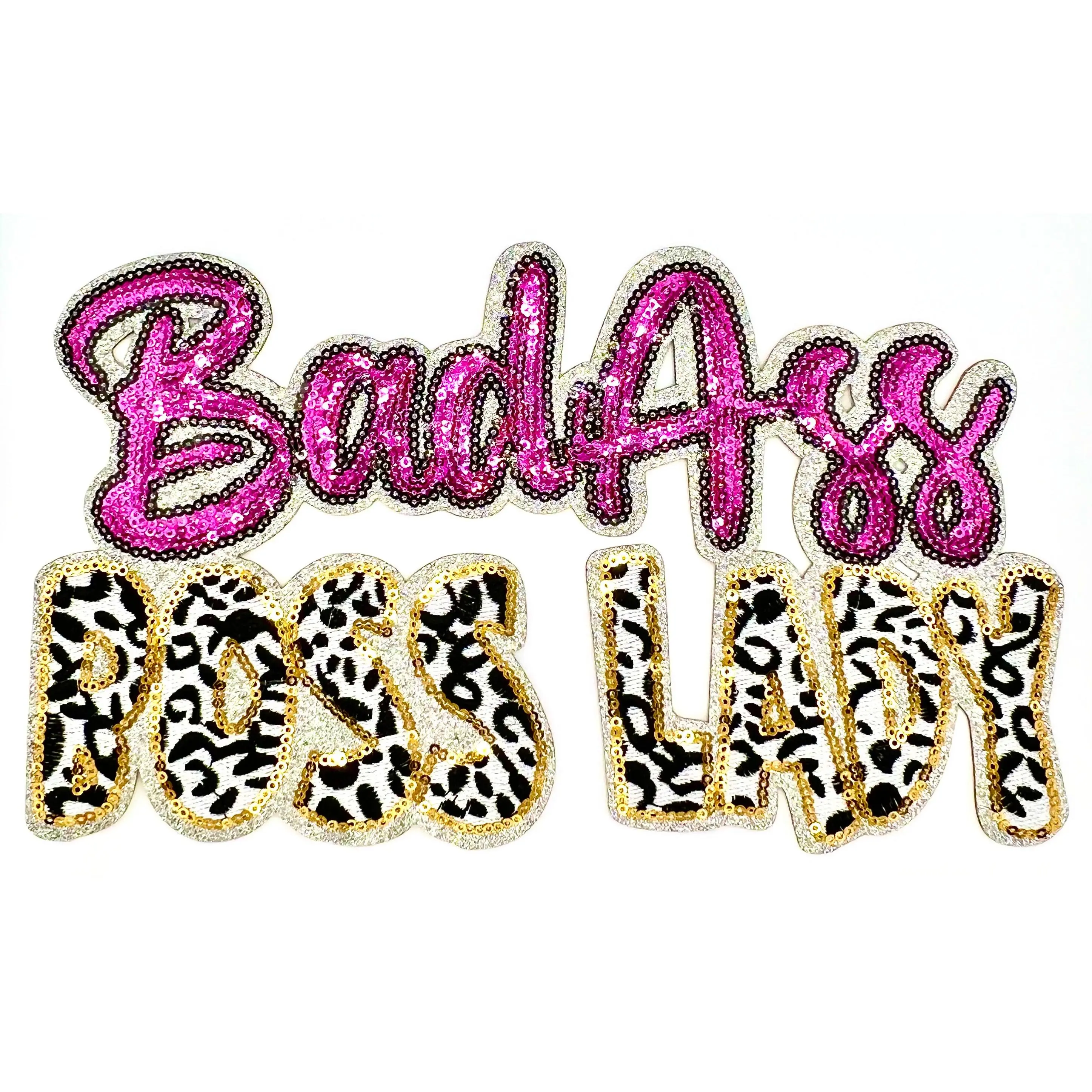 Bad Ass Boss Lady Embroidered Sequins with Leopard Print Iron-On Patch