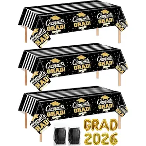 7-Pack Graduation Party Decorations Set, 3 Black Gold Graduation Tablecloths 54x108in, 2026 and Grad Balloons, 2 Foil Fringe Curtains for High School College Graduation Party Photo Booth