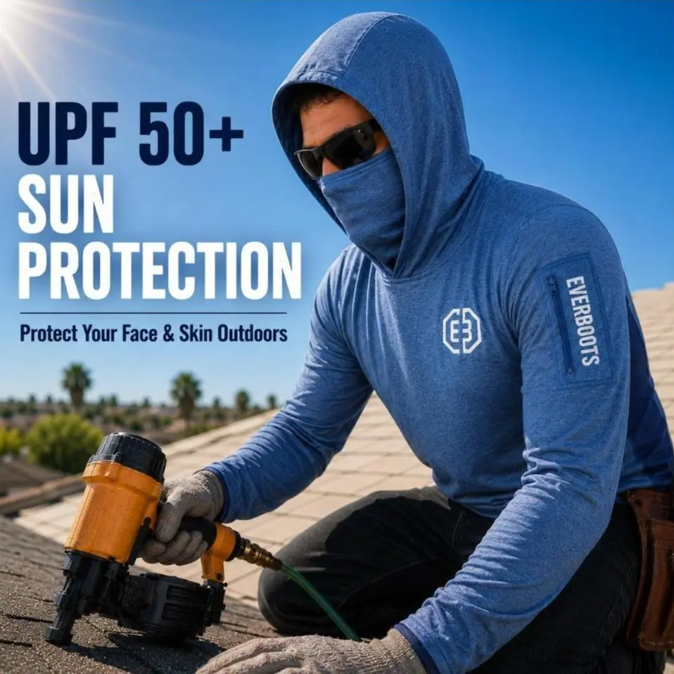 EVER BOOTS UPF +50 Long Sleeve Mens Sun Hoodie with arm pocket and face mask- 4 way stretch, Lightweight, Breathable, Moisture-Wicking, Premium Outdoor Wear for Men