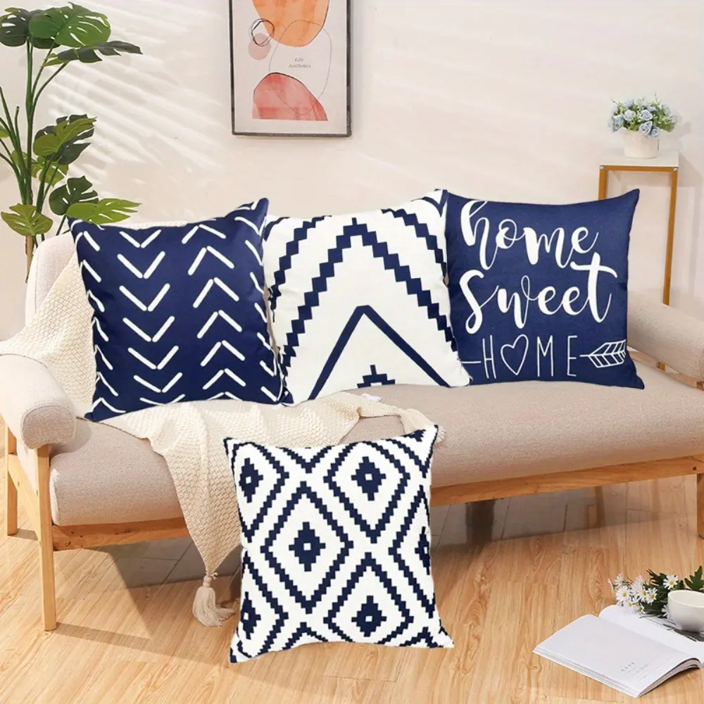 4PCS Square Decorative Throw Pillows Cushion Covers Blue White Modern Geometry Print Home Pillowcases for Sofa Couch, Perfect for Summer Outdoors and Indoors, 18 X 18 Inch