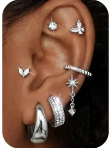 Gentle 7 Pairs Silvery Stud Hoop Flat Back Earrings Set Hypoallergenic 304 Surgical Steel Copper Stud Earring Stack for Women Men Dainty Stud Huggie Huggie Hoop Cartilage Earrings Conch Tragus Helix Piercing Jewelry Set