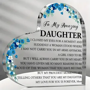 Heart Shaped Acrylic Plaque Sign, Flower Pattern Desktop Ornament, Mom To Daughter Gift, Home Decor for Living Room Bedroom, Signage