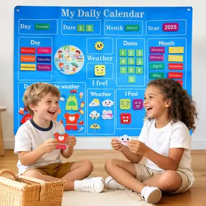 Felt Calendar 64pcs, First Daily Calendar Busy Board, Weather, Mood, Week Learning Chart, Wall Hanging, School Teaching Calendar, Blue Decor Poster