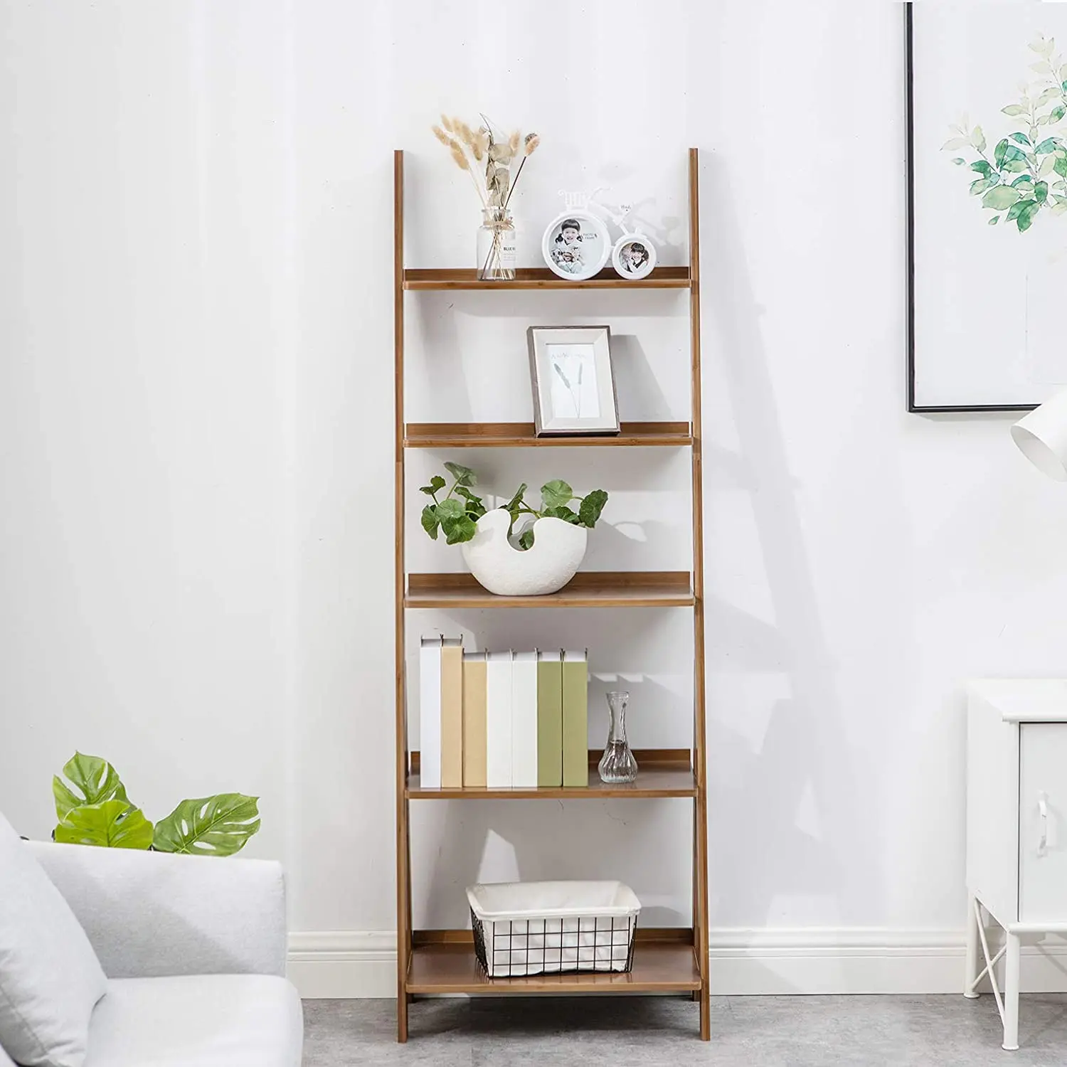 K KELBEL Bamboo Ladder Shelf Modern Wood Bookshelf Tall Bookcase Leaning Wall Shelves Open Standing Storage Rack Shelves for Living Room Bathroom Kitchen Office