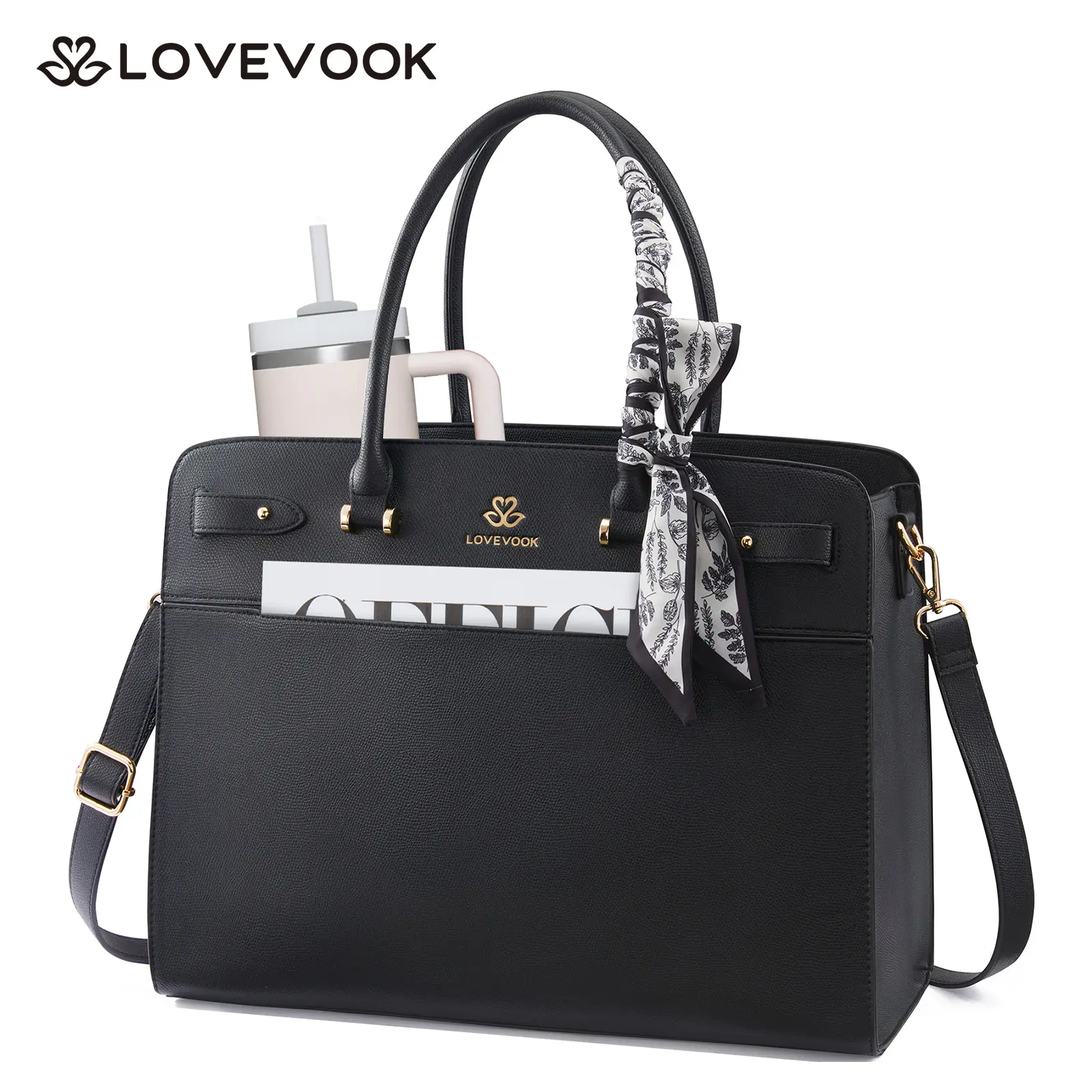 LOVEVOOK Laptop Tote Bag for Women, PU Leather Work Bag Waterproof Briefcase Handbag for Teacher Business with Silk Scarf