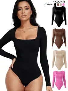 Women's Seamless Smooth Square Neck Long Sleeve Shapewear Bodysuit, Comfortable Daily Wear Abdominal Control Top, Autumn Winter Casual Fit