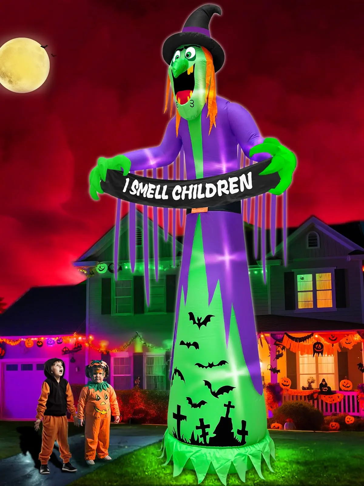 12 FT Giant Halloween Inflatable Witch with LED Lights and Funny Banner, Blow Up Outdoor Yard Decoration for Lawn, Garden, Driveway and Holiday Party